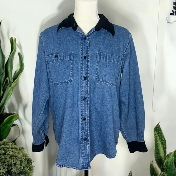 Vintage 90s Country Store Faux Suede Trim Button Up Collard Chessy Cotton Blouse - Picture 12 of 12